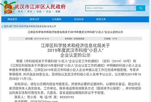 祝賀我司獲得江岸區(qū)科學技術和經(jīng)濟信息化局2019年度武漢市科技“小巨人”企業(yè)認定
